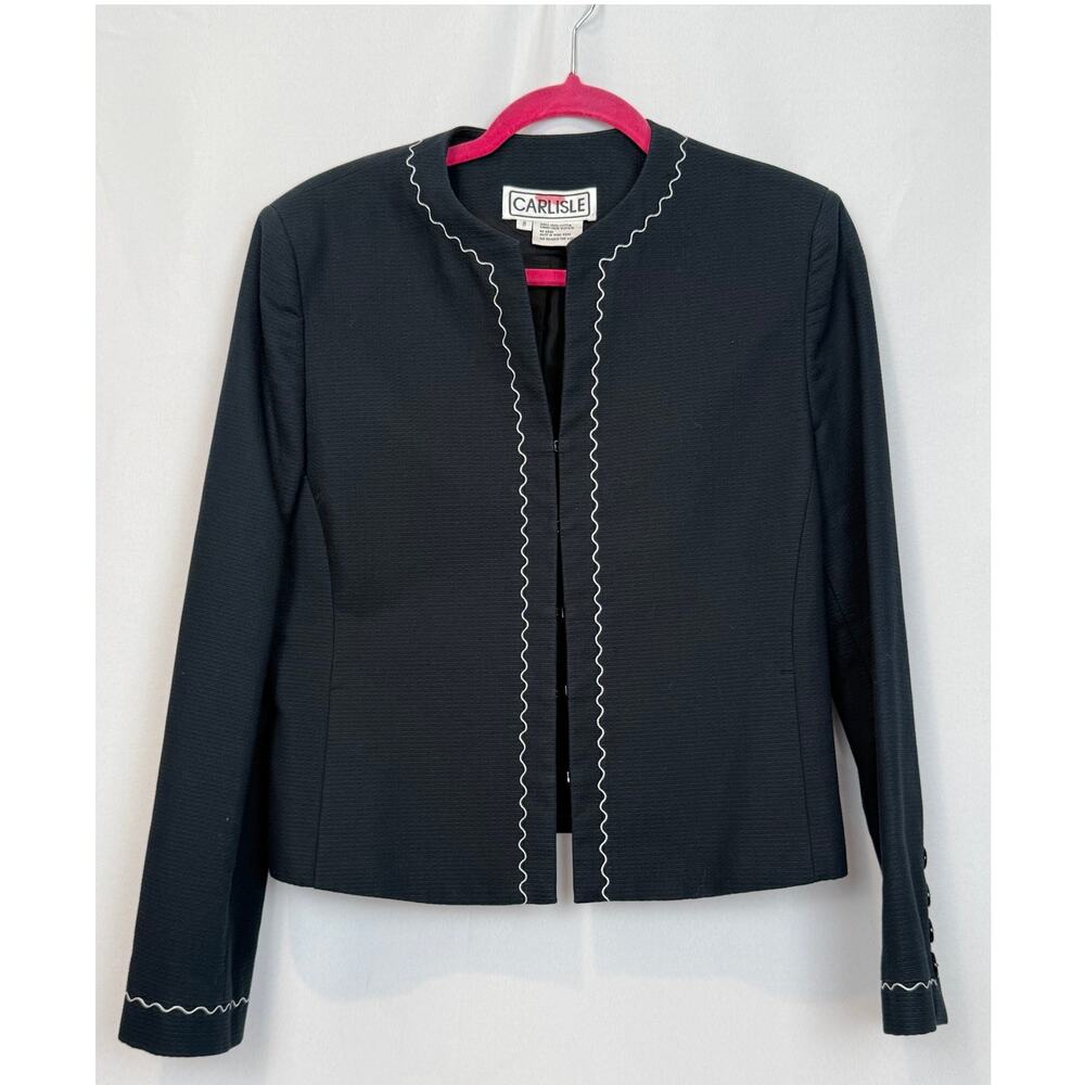 Carlisle Vintage Black Cotton Blazer White Ric Rac Trim Size 8